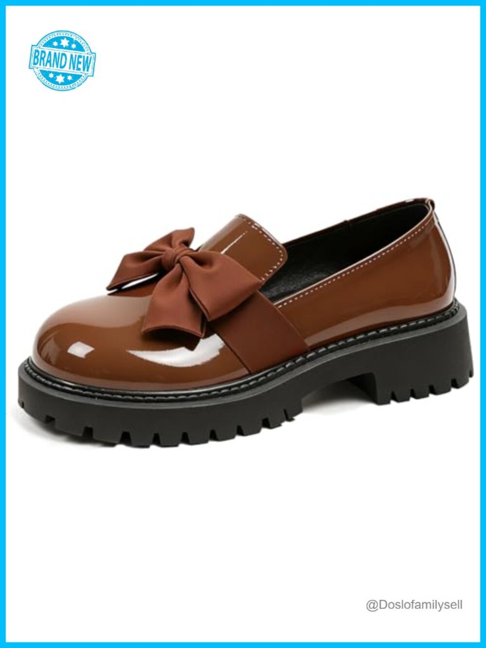 Patent Leather Chunky Heel Bow Loafers Round Toe Lug Sole Business Casual